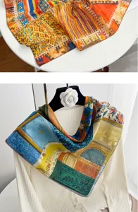 French oil painting printed cotton square scarf, stylish thin floral neckerchief for spring.