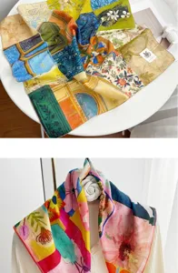 French vintage oil painting cotton square scarf women spring thin neck scarf artistic design