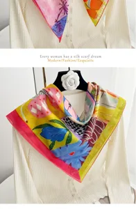 Detailed view of a colorful floral oil painting pure cotton square scarf draped nicely.