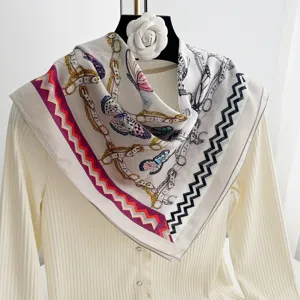 Women's square scarf silk feel elegant butterfly chain print fashion neckerchief