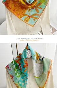 French artistic oil painting square scarf for women, elegant cotton floral neckerchief.