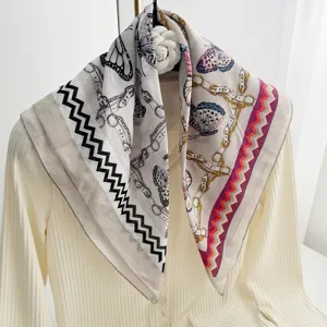 Luxury style silk scarf square headscarf with chic chain and butterfly print for women.