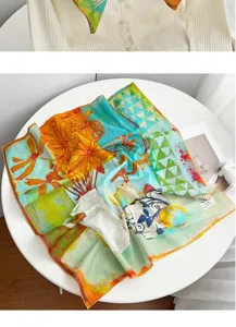 Artistic oil painting print cotton square scarf, elegant floral neckerchief detail shot