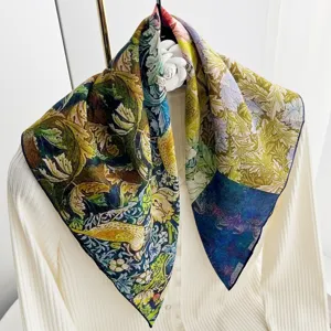 French vintage oil painting style 100% cotton square scarf, elegant floral neck scarf for women.