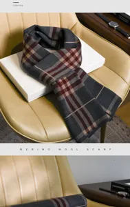 Écharpe Homme Laine Mérinos Hiver Chaud Motif Carreaux Affaires Mode Tour de Cou Vue Détail