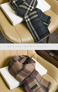 Vue détaillée de l'écharpe en laine mérinos à motif écossais classique pour homme, chic et chaude.