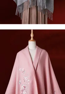 Women winter warm wool shawl elegant floral embroidered cape and grey fringed scarf.