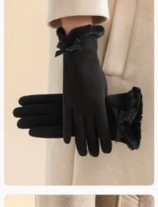 Winter women gloves detail warm velvet fleece lined bow touch screen black anti wind cycling