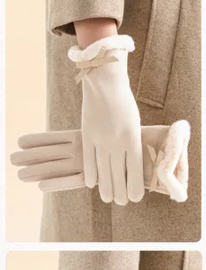 Women winter warm gloves with cute bow and plush cuff, fleece lined thermal touch screen.