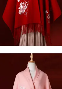 Pure wool women winter warm embroidered red shawl scarf wedding cape elegant fringe design