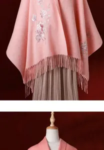 Exquisite pink wool embroidered shawl detail featuring delicate floral patterns and stylish fringe.