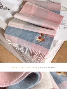 Classic plaid wool scarf with cute embroidery and cozy fringe for winter daily warm wear.