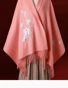 Pink wool embroidered shawl winter warm cape elegant floral fringe accessory for women.