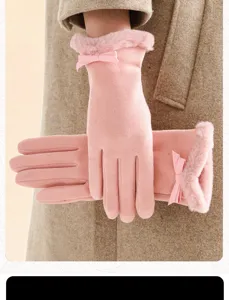 Women winter warm plush bow gloves thick fleece lined windproof riding gloves detailed view