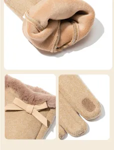 Close-up details of women's thermal winter gloves showing plush lining, bow, and touch screen tips.