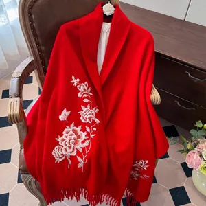 Women's Winter Warm Wool Scarf Luxury Peony Embroidery Tassel Shawl Vintage Wedding Floral Long Scarf