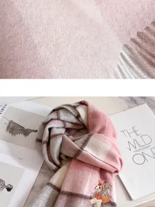 Chic pink plaid wool scarf for women, cute embroidered animal detail, soft warm winter.