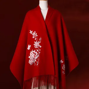 Red wool embroidered shawl for women winter warm wedding cape fringe floral design