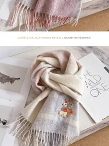 Gradient plaid wool scarf with cute embroidery and fringe detail for women winter warm wrap