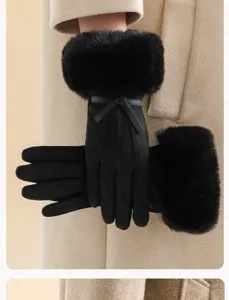 Guantes mujer invierno calientes tactiles cuero sintetico puno peluche elegante lazo