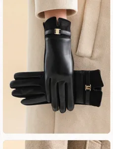Details of women's winter warm leather gloves with elegant metal buckle and plush lining.