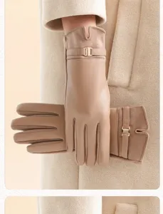 Women winter warm leather suede gloves with elegant metal buckle detail stylish cold weather accessory