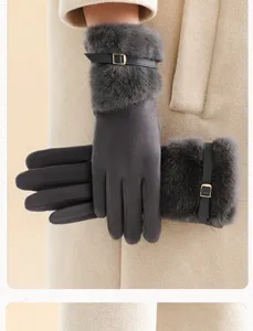 Guantes cálidos de invierno para mujer con puño de piel sintética y correa elegante