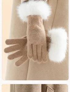 Stylish winter knit touchscreen gloves featuring cozy plush white faux fur cuffs for women.