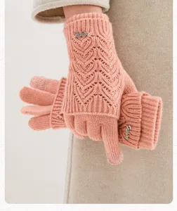 Femmes hiver rose tricoté écran tactile gants chaud mignon cœur motif thermique moufles