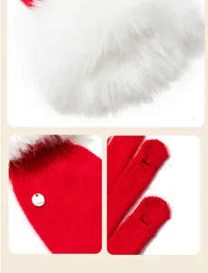 Close-up details of red winter knit gloves with white fluffy faux fur cuffs and finger slots.