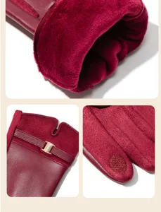 Detailed view of women winter leather gloves with plush lining and metal buckle accent.
