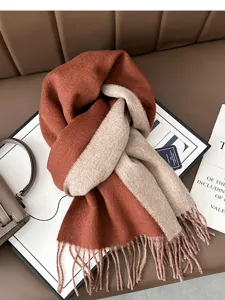 Luxurious double-sided two-tone winter wool scarf with cozy fringes for women and men.