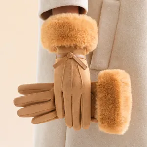 Guantes Tactiles Cálidos de Invierno para Mujer Cuero Sintético Puño Piel Sintética Lazo Moda Casual Conducción Guantes Térmicos