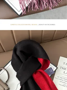 Double-sided black and red winter wool scarf for men and women, warm and stylish daily wear.