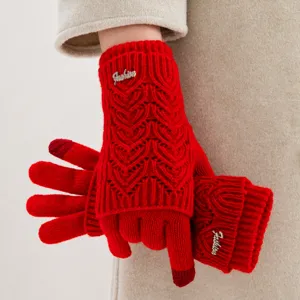 Femme gants tactiles en tricot rouge hiver chaud épais motif de coeur mignon cyclisme