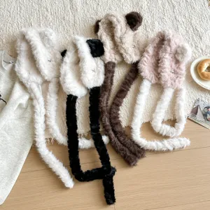 Mignons cache-oreilles en peluche ours hiver chaud duveteux long bracelet chapeau coupe-vent