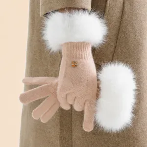 Korean style plush furry touch screen knit gloves for women winter warm cycling apparel item