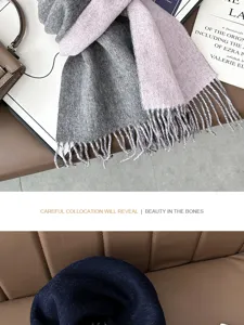 Double-sided contrast wool scarf detail, cozy winter fringe neckerchief with soft texture.