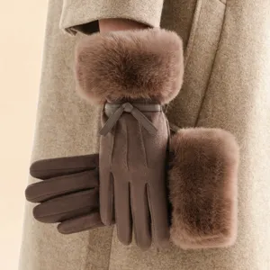 Guantes de invierno cálidos para mujer elegantes guantes de ante sintético con puño de pelo
