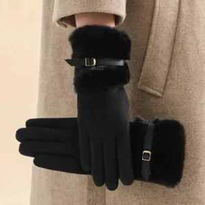 Dames winter handschoenen zwart met pluche faux fur manchet en elegante riem gesp