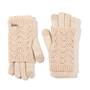 Gants tactiles en tricot beige pour femmes, mitaines d'hiver chaudes motif cœur élégantes.