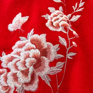Red wool scarf with exquisite peony embroidery, luxurious winter warm shawl for women.