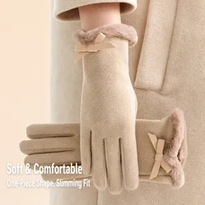 Women winter thermal bow gloves, windproof plush thickened touchscreen gloves for cold weather.