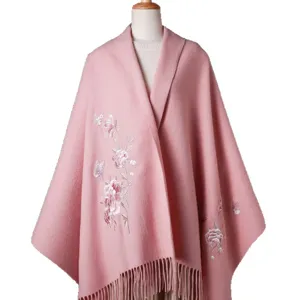 Women Winter Warm Wool Shawl Scarf Elegant Peony Floral Embroidery Fringe Cape Poncho