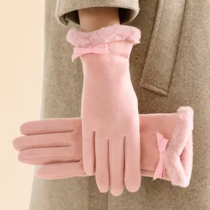 Women winter warm fleece lined touch screen gloves with cute bow for cycling and outdoor.