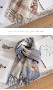 Plaid wool scarf for women with cute rabbit embroidery and stylish fringe trim design detail