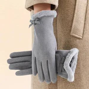Women's winter touchscreen warm gloves with plush trim and cute bow design for riding.