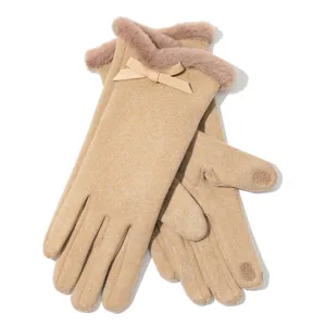 Women winter warm gloves with faux fur cuff and cute bow design, windproof touch screen.