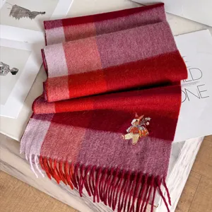 Chic red plaid cashmere scarf for women, winter warm wool fringe wrap with cute rabbit embroidery.