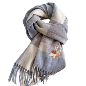 Blue and grey plaid winter scarf for women with cute rabbit embroidery and soft tassel fringe.